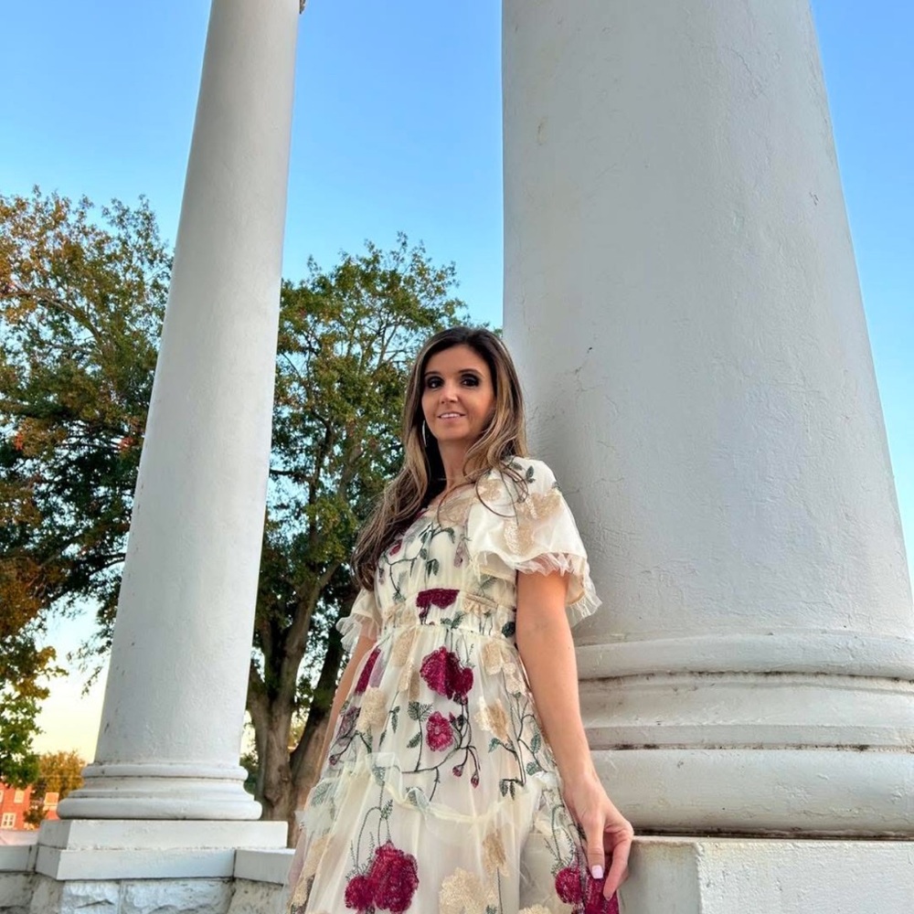 Floral Embroidered Maxi Dress in White with Burgundy Accents - Picture 8 of 9